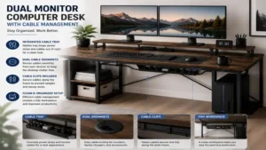 Dual monitor computer desk with integrated cable management keeping wires organized for a clean workspace.