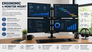 4 monitor mount designed with ergonomic adjustability to reduce neck strain and create a more comfortable workspace.