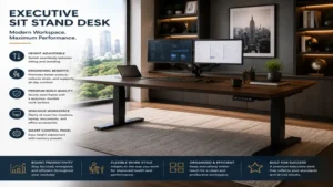 Executive sit stand desk in a modern workspace with dual monitors, smart controls, and an organized professional setup