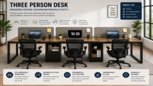 Modern three person desk creating a functional and stylish office workspace