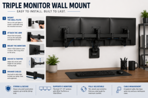 Triple monitor wall mount installation showing three monitors securely mounted on a wall