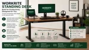 Workrite standing desk setup showing an organized workspace designed for productive daily work