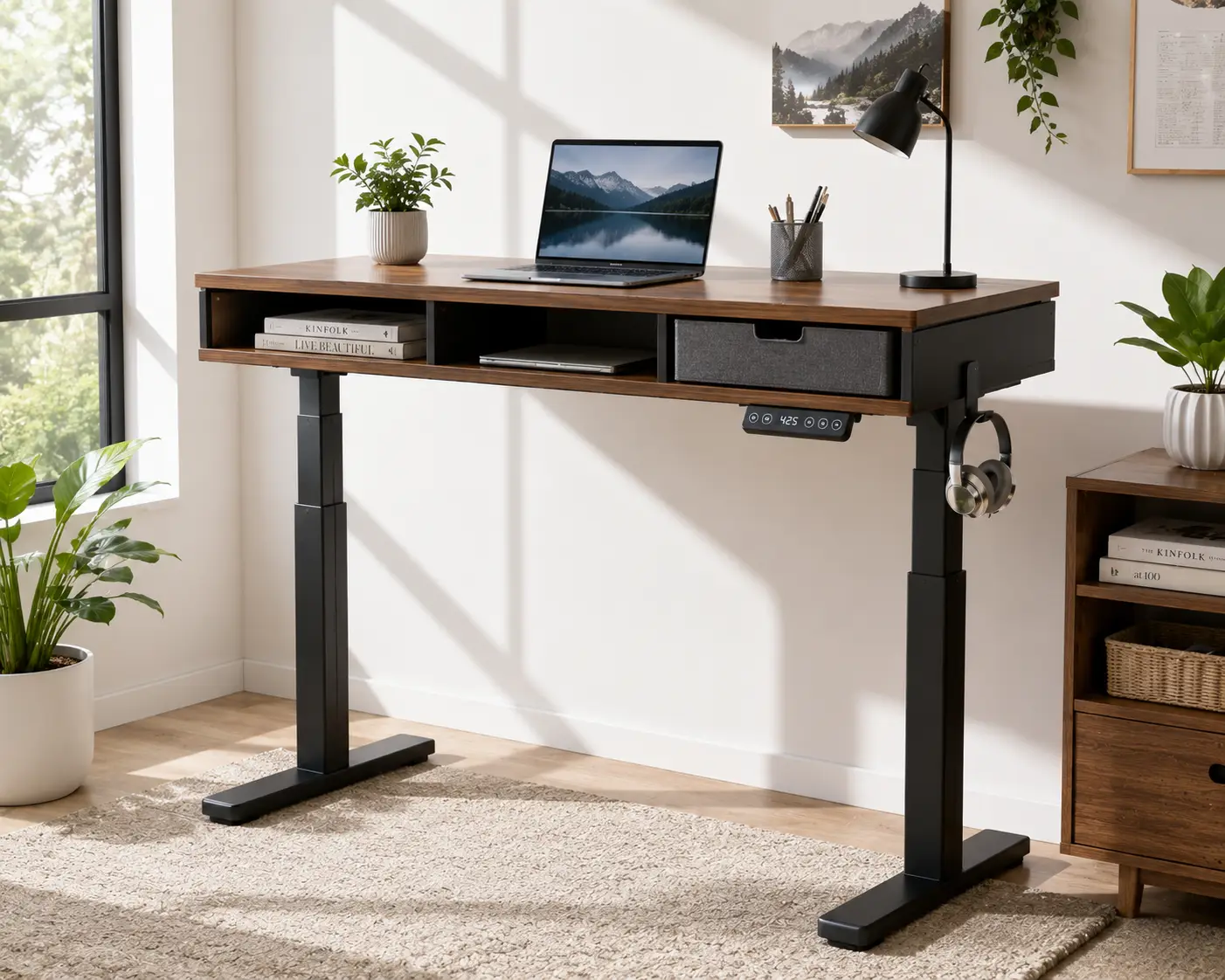 Adjustable standing desk with storage compartments, laptop workspace, and height control in a bright modern home office.