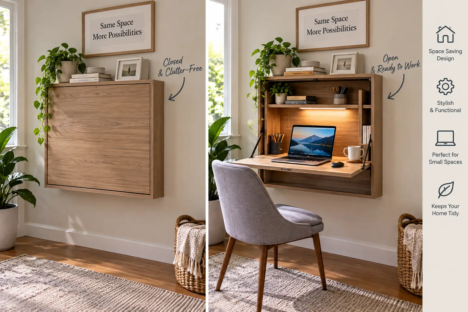 Concealed computer desk with a fold-down workspace, laptop, storage shelves, and space-saving design