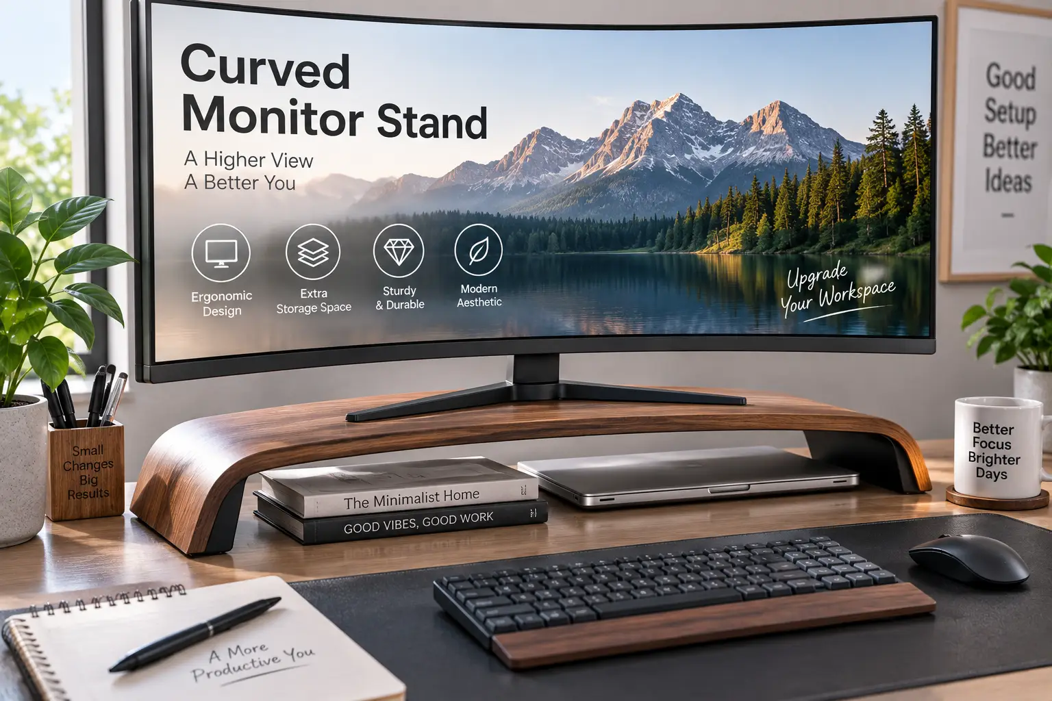 Curved monitor stand supporting an ultrawide display on a modern organized workspace