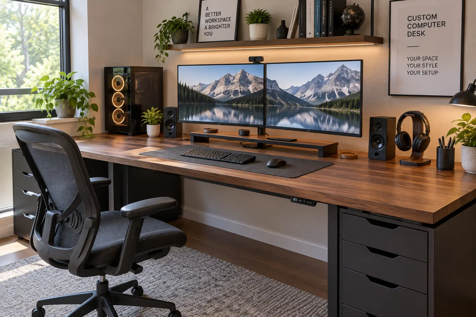 Custom computer desk with dual monitors, gaming PC, storage, and accessories in a modern home office