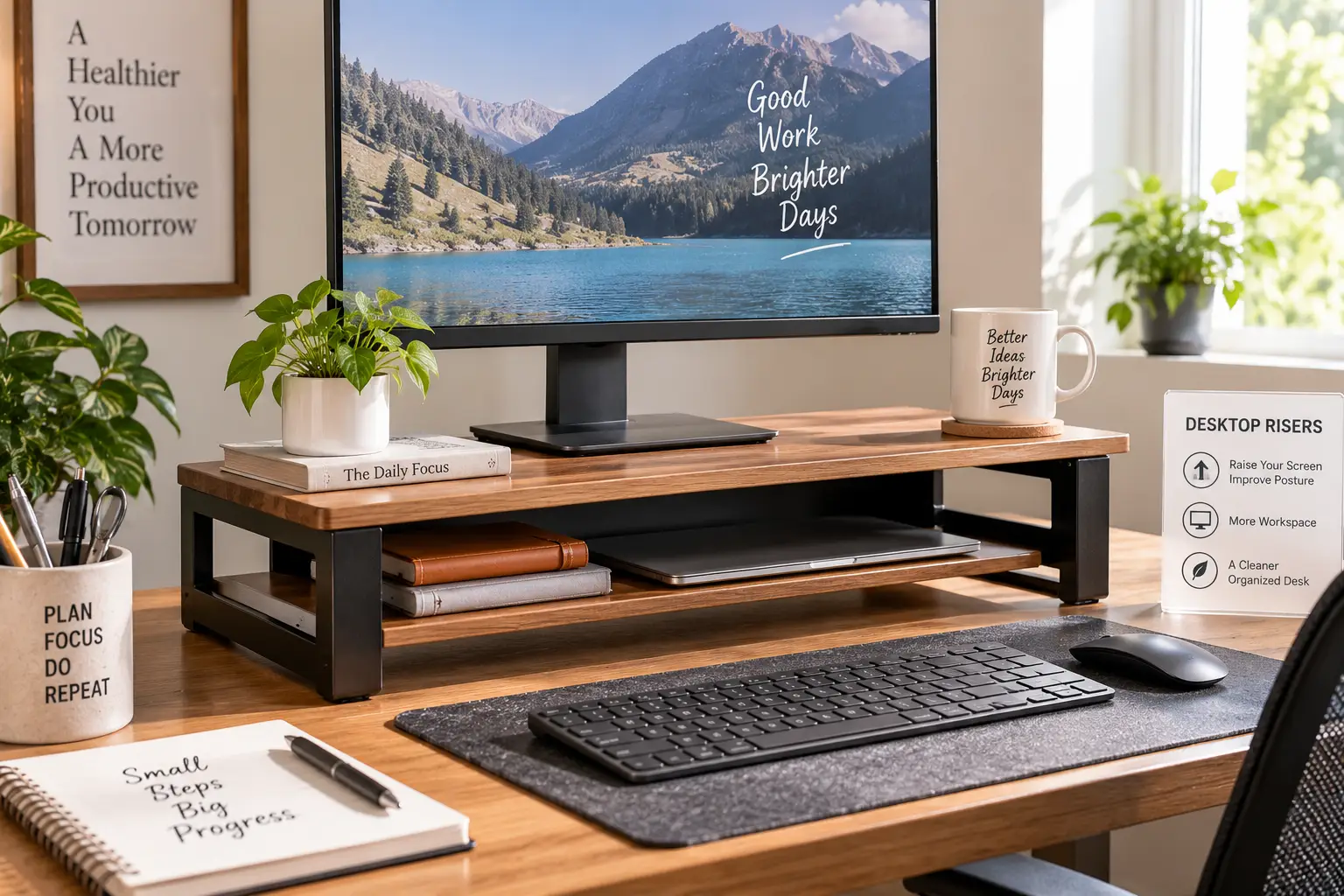 Desktop riser elevating a computer monitor with extra storage space on a modern home office desk