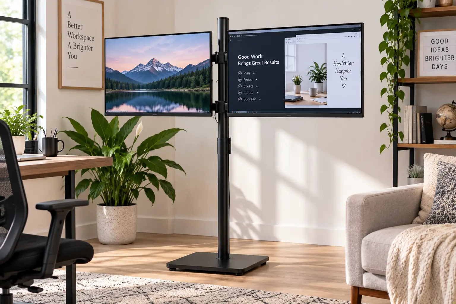Dual monitor floor stand holding two screens in a modern home office workspace