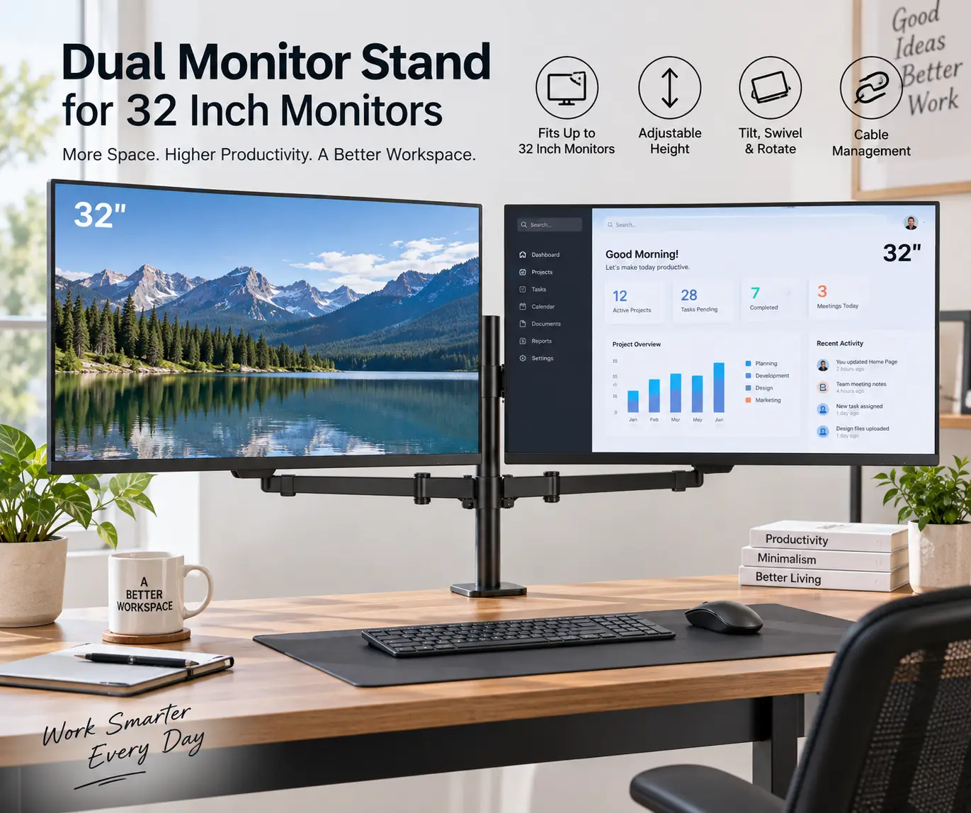 Dual monitor stand for 32 inch monitors with adjustable arms, cable management, keyboard, and mouse on a modern desk