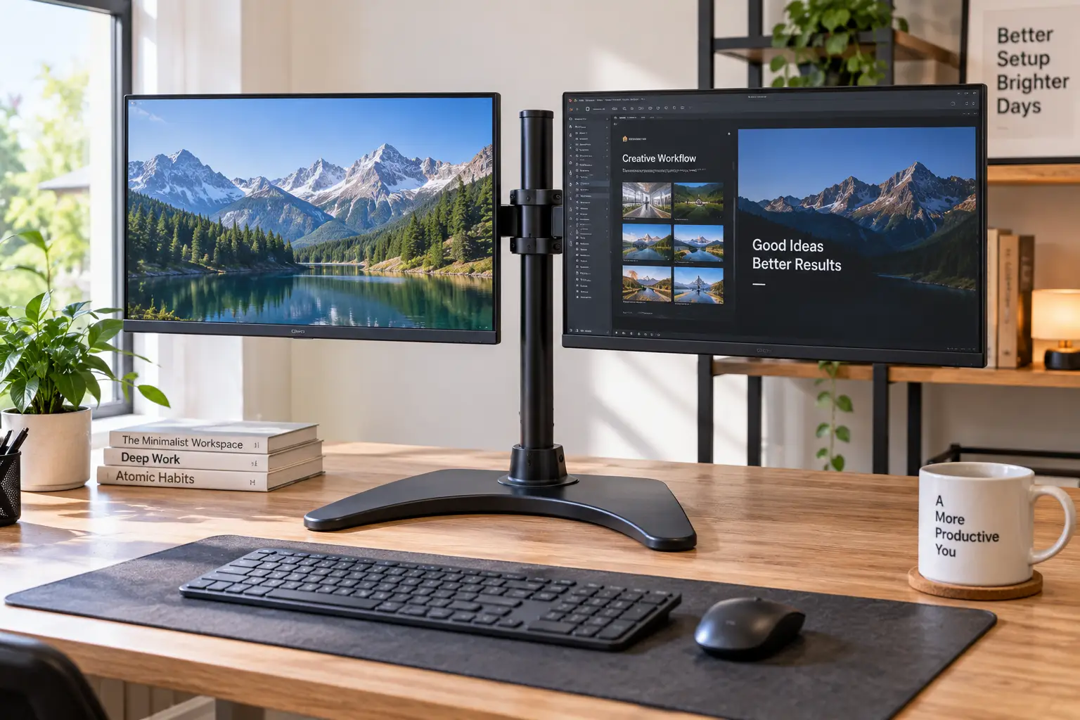 Free standing dual monitor stand supporting two screens on a modern home office desk