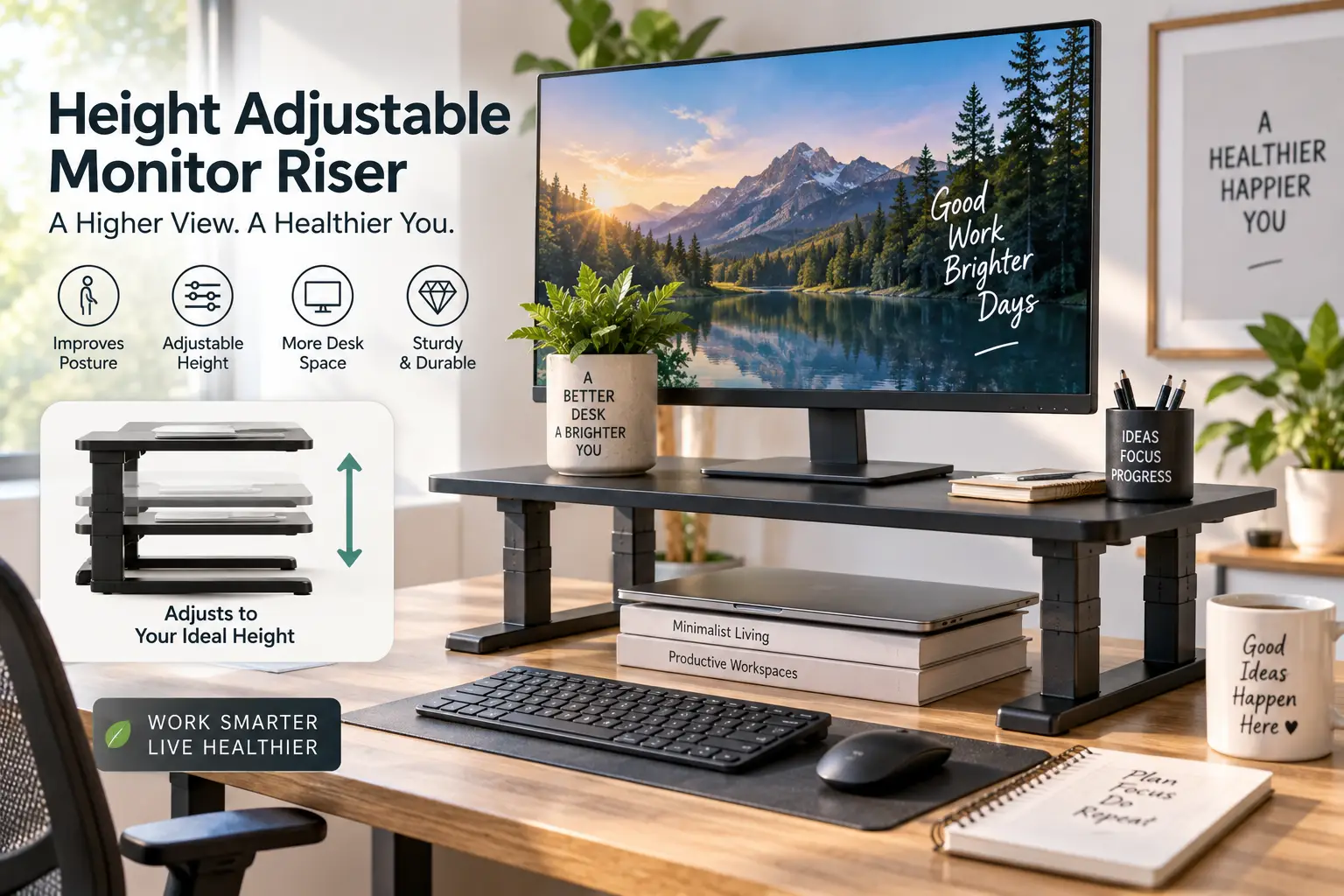 Height adjustable monitor riser supporting a desktop monitor in an ergonomic home office workspace