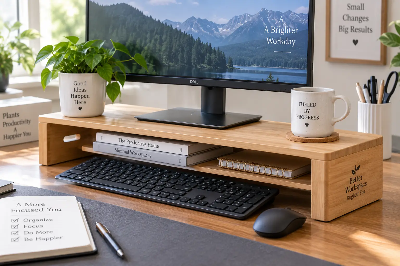 Wooden keyboard riser for desk with a full-size keyboard, monitor, and organized workspace