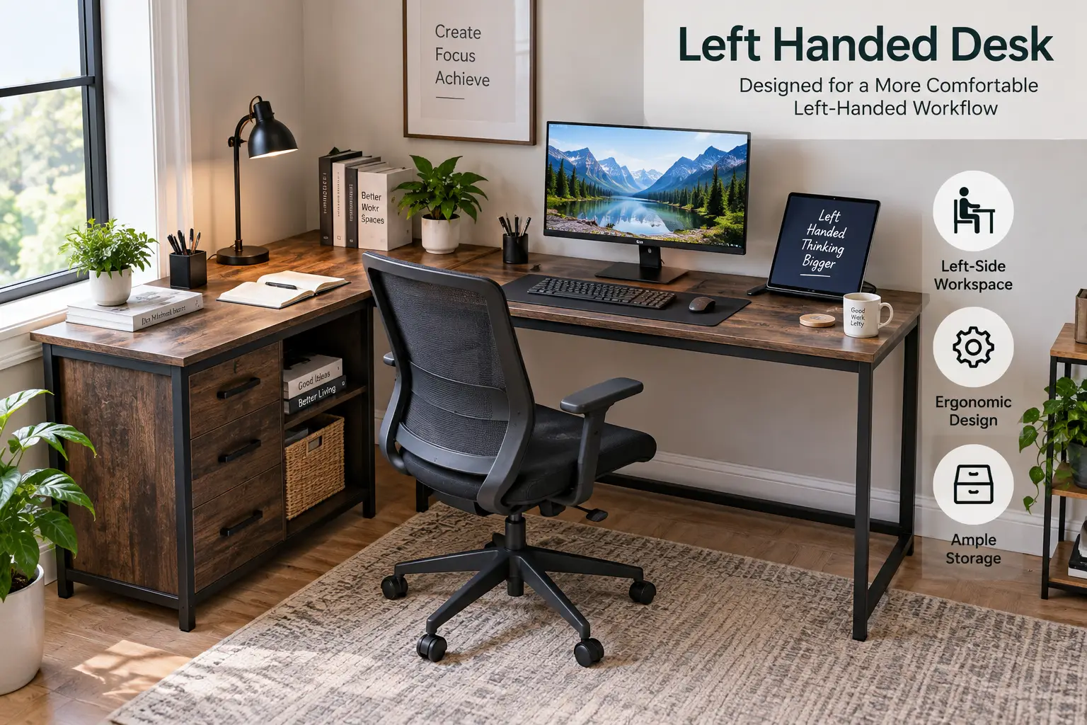 Left handed desk with a spacious left-side workspace, ergonomic design, and built-in storage