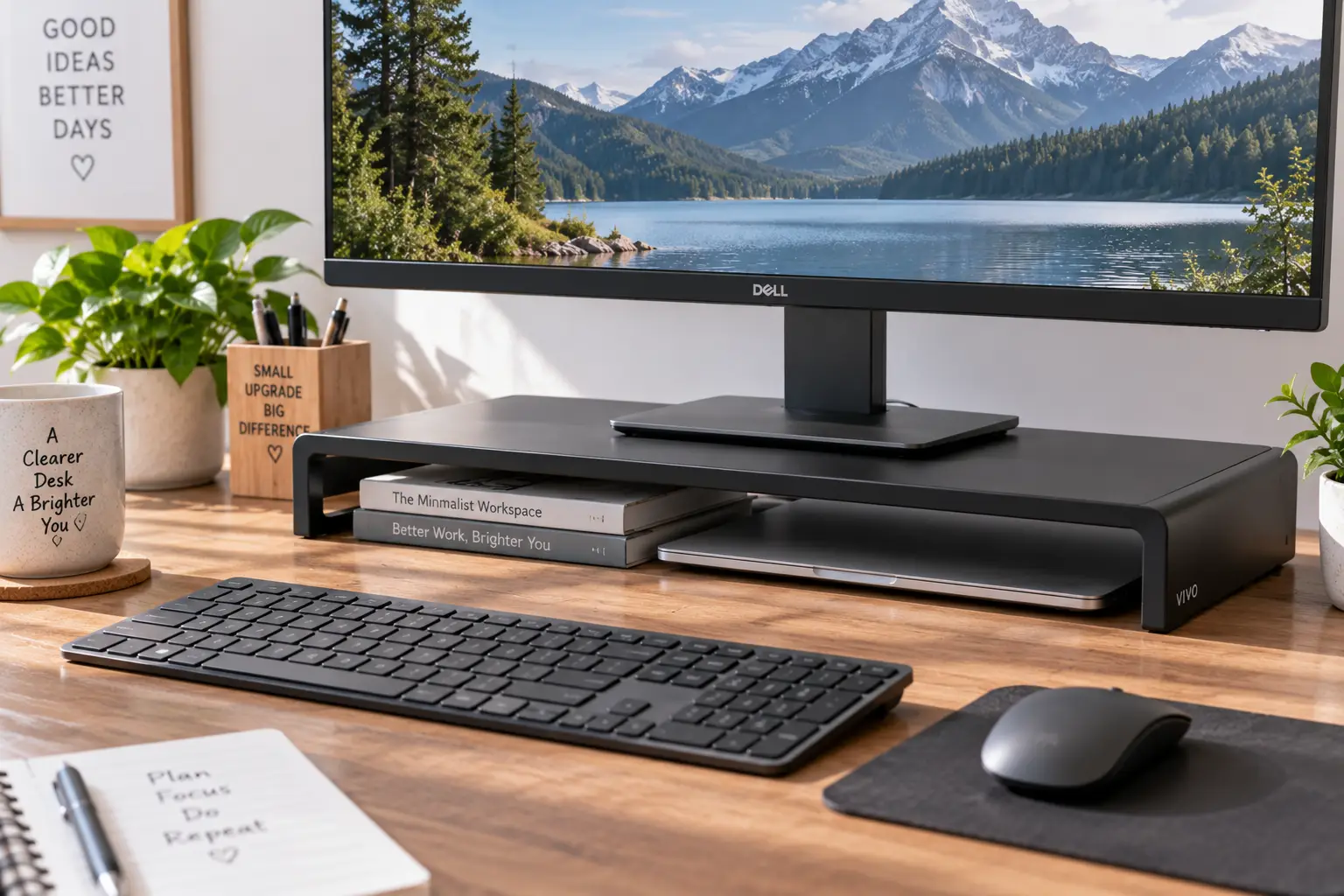 Low profile computer monitor stand supporting a widescreen display with storage space on a modern desk