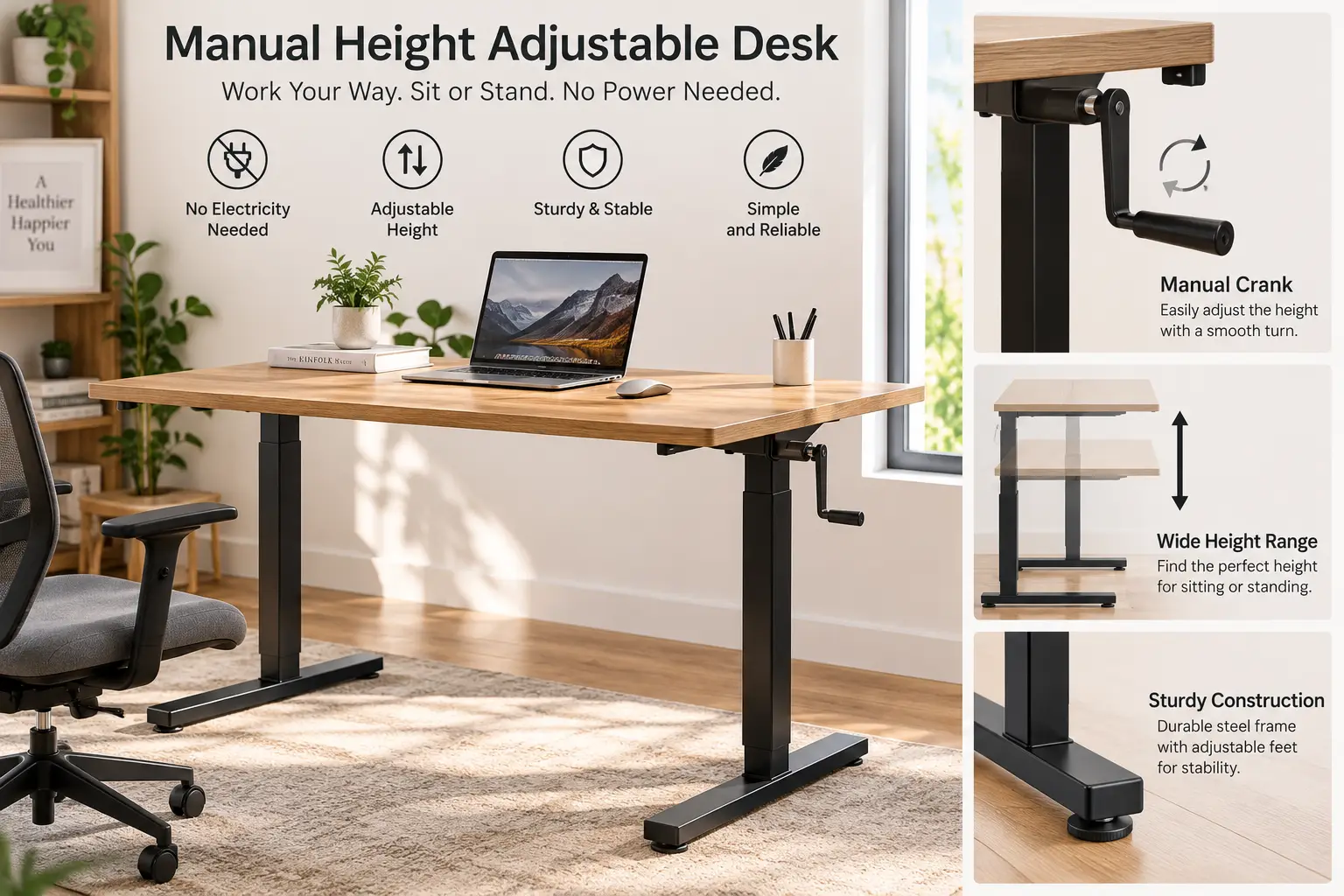 Manual height adjustable desk with crank handle for easy sitting and standing height changes