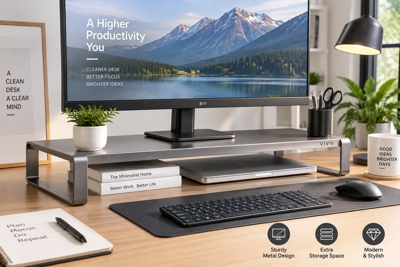 Metal monitor stand supporting a computer display on a clean and organized modern desk