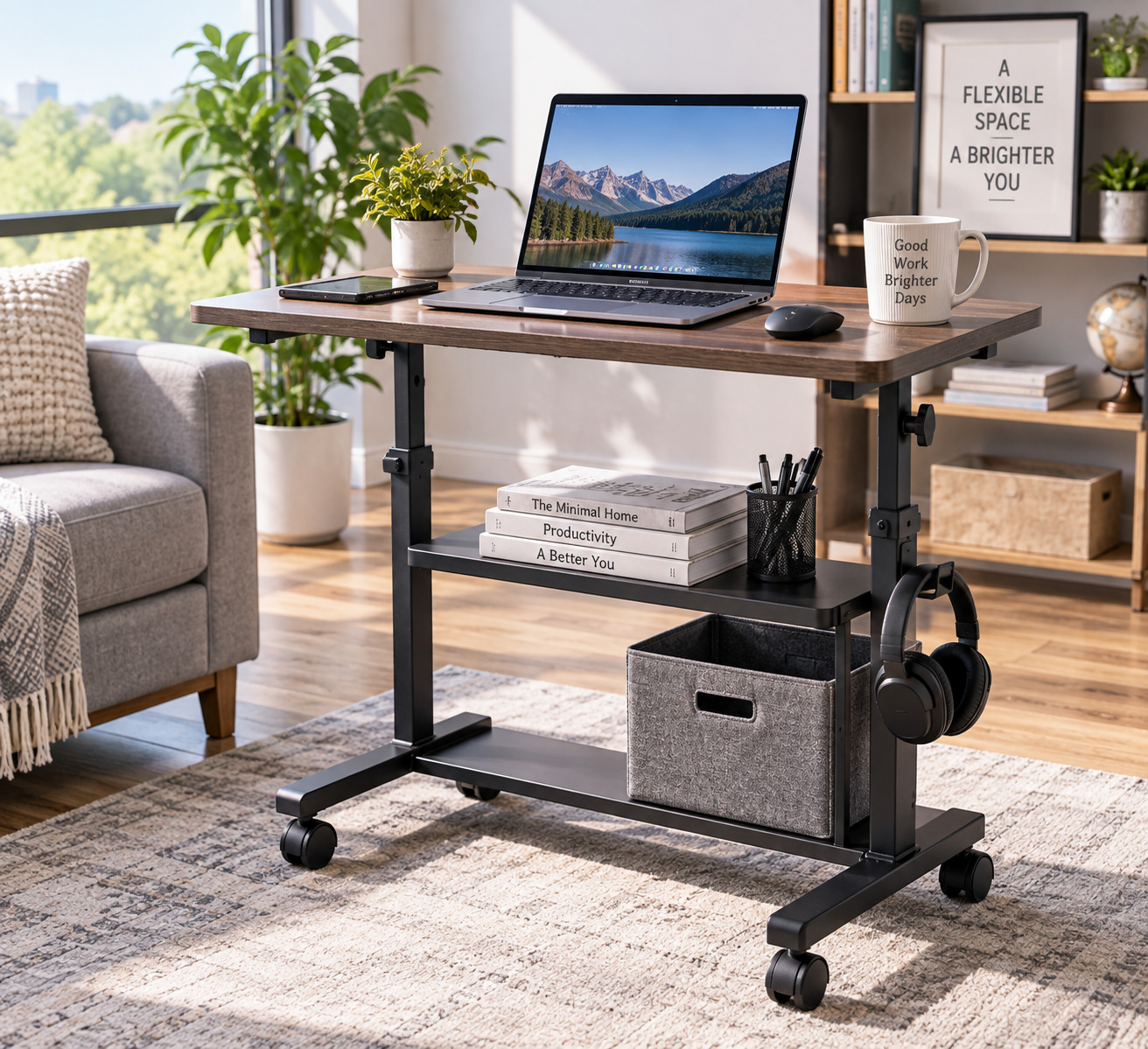 Mobile PC desk with a laptop, storage shelves, and wheels in a bright modern home office