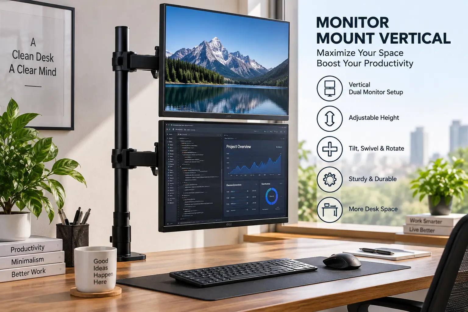 Monitor mount vertical setup with two stacked monitors on a modern office desk