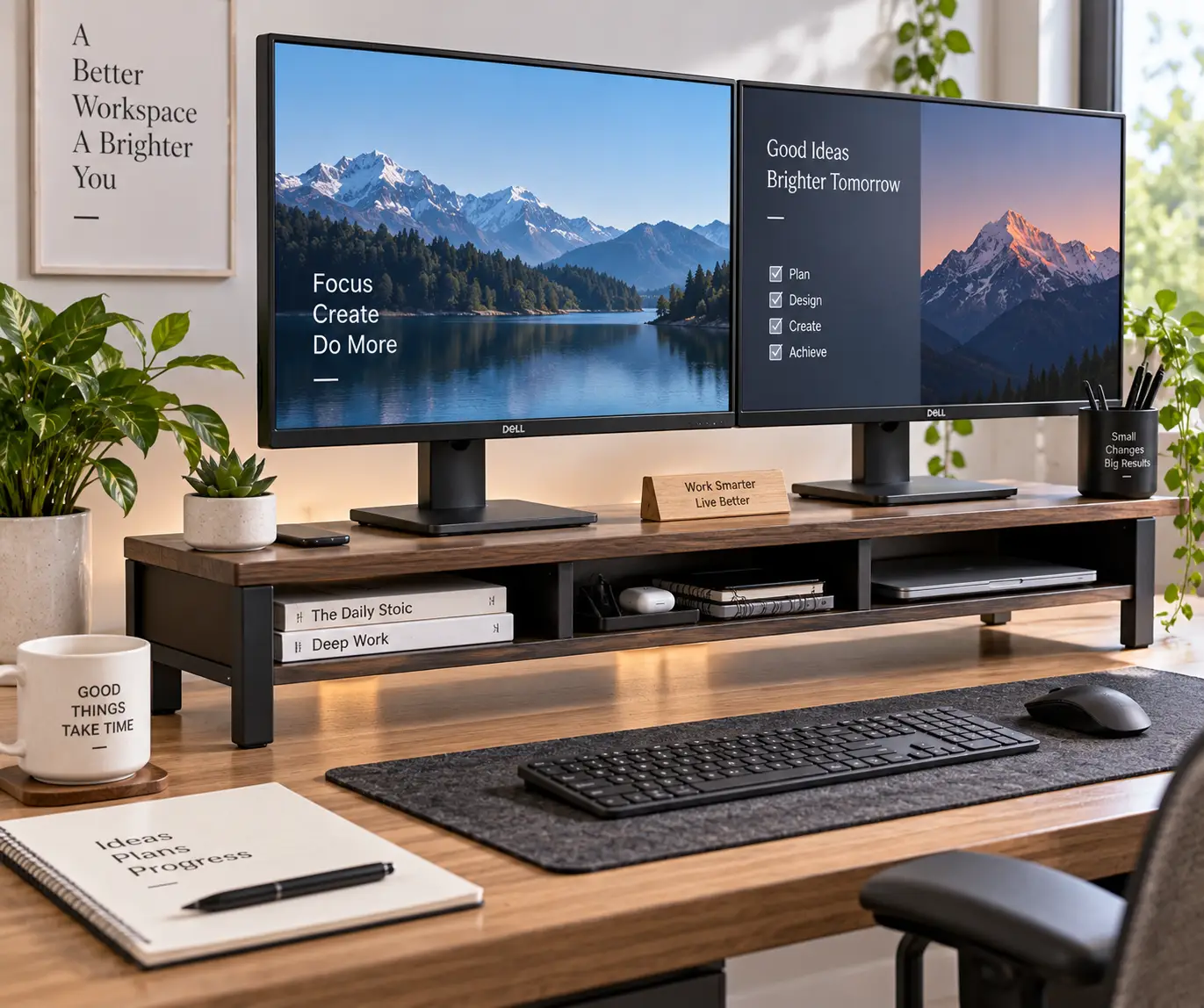 Monitor riser for dual monitors creating an elevated and organized workspace on a wooden desk