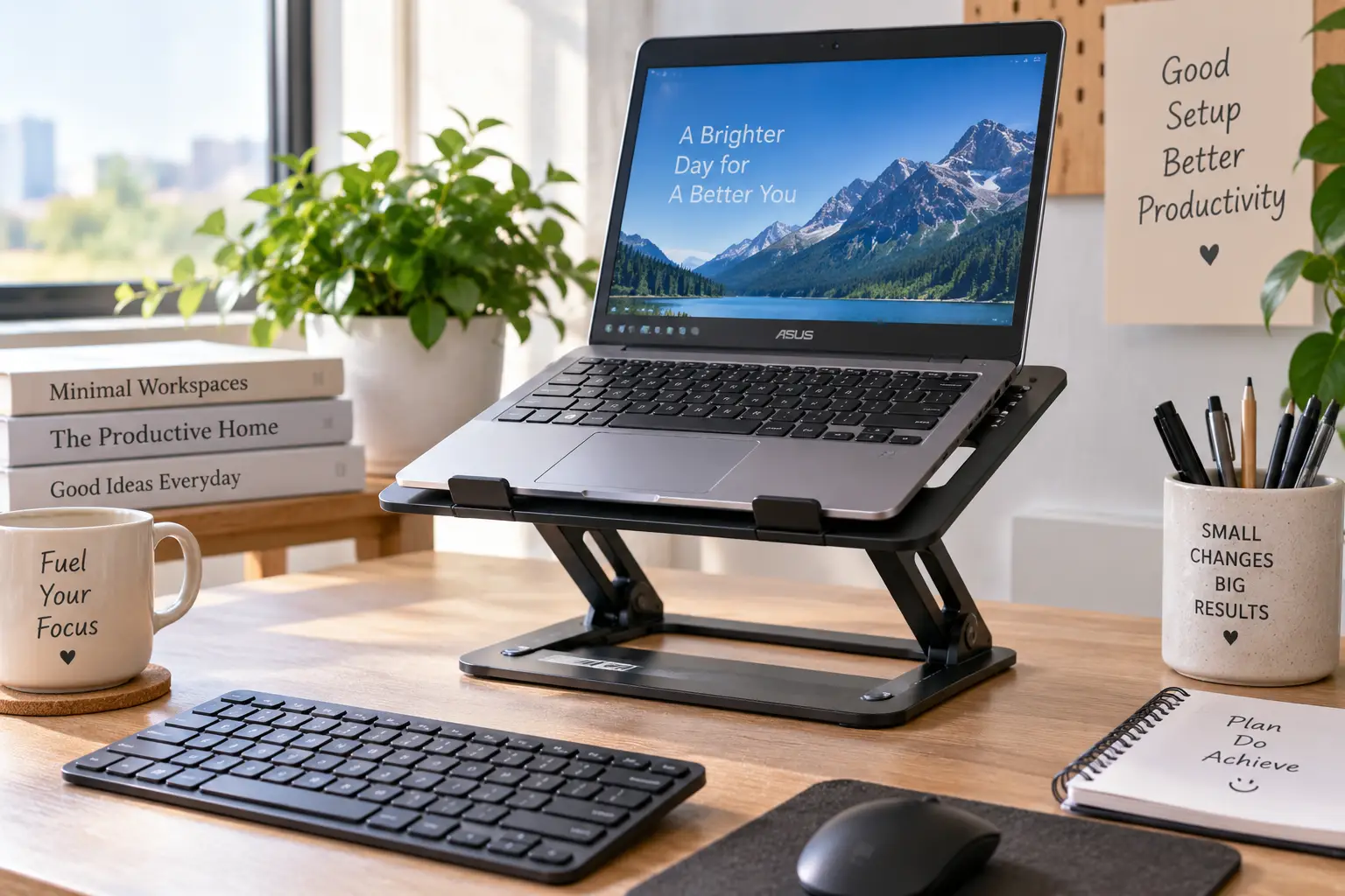 Netbook riser elevating a laptop on a modern wooden desk for a comfortable workspace setup