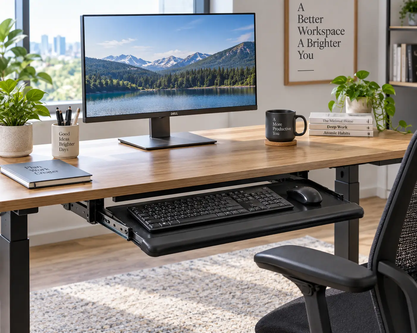 Office desk with a pull-out keyboard tray, monitor, and organized workspace in a bright home office