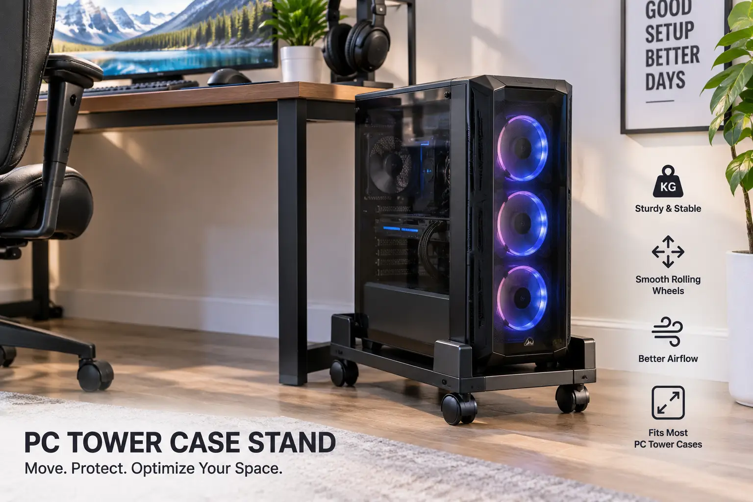 PC tower case stand with smooth-rolling casters supporting a gaming computer tower beside a modern home office desk.