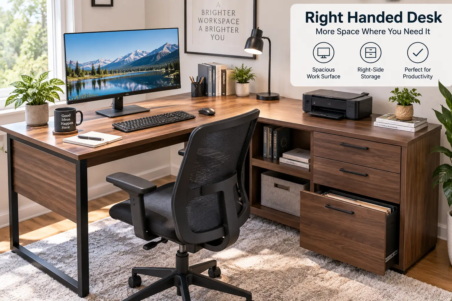 Right handed desk with spacious workspace, right-side storage, monitor, keyboard, and ergonomic office chair