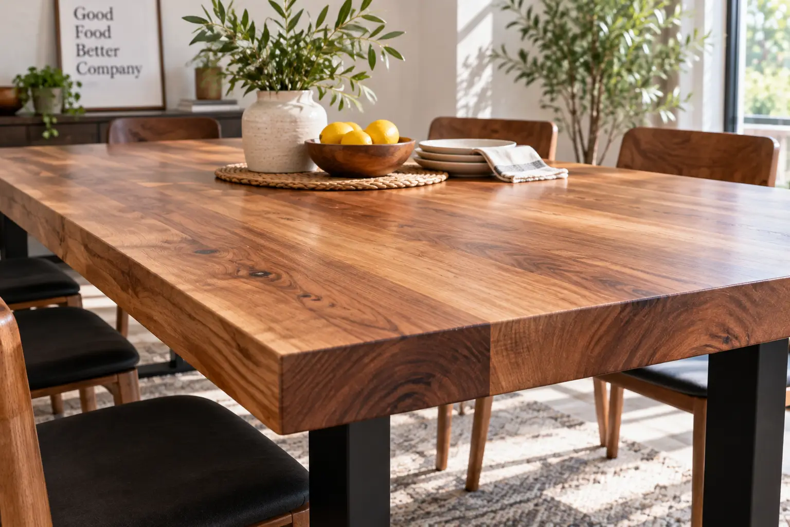 Solid wood tabletop with natural grain and a thick finish in a bright modern dining room