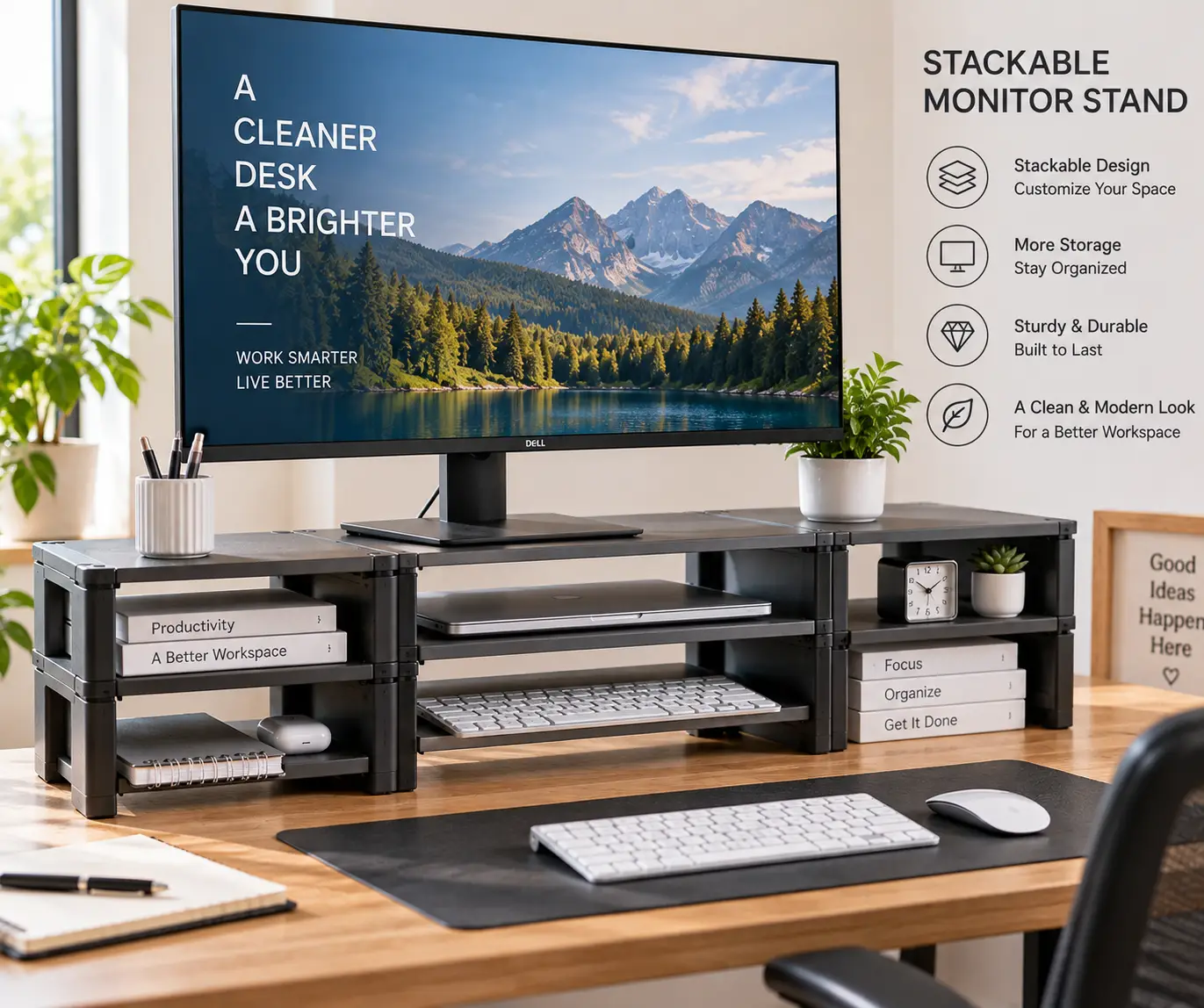 Stackable monitor stand with multiple storage tiers holding a desktop monitor, laptop, keyboard, and office accessories