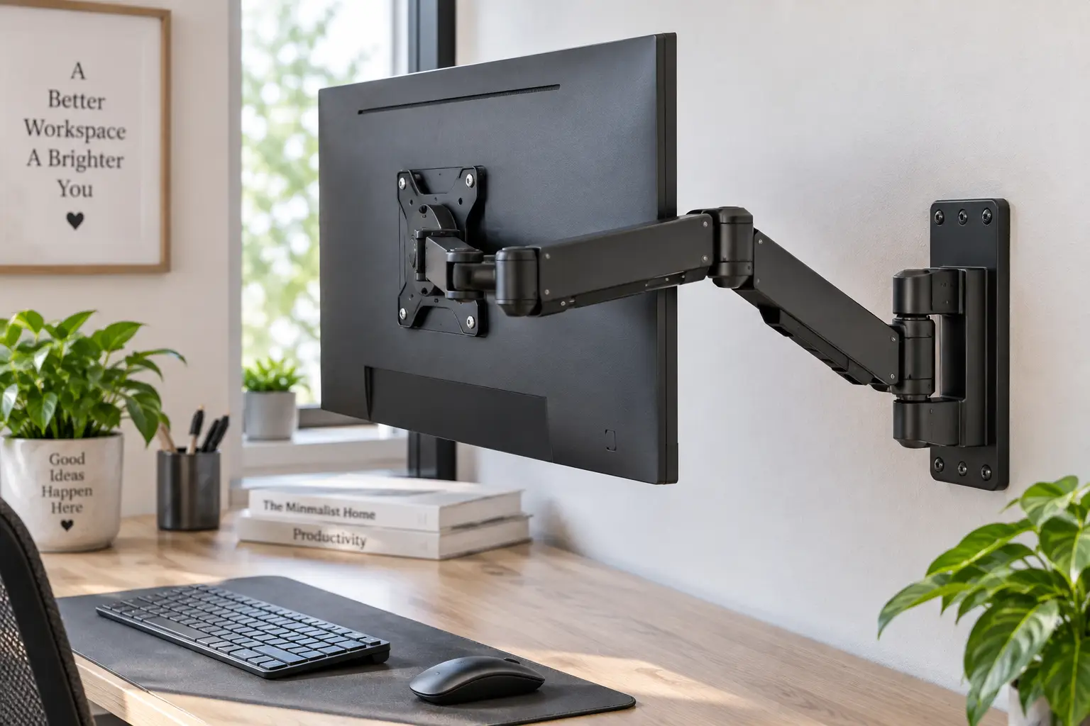 Wall monitor holder with adjustable arm supporting a flat screen above a modern desk