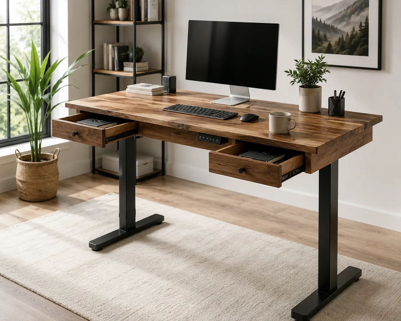 Wood standing desk with drawers, monitor, keyboard, and plants in a bright modern home office